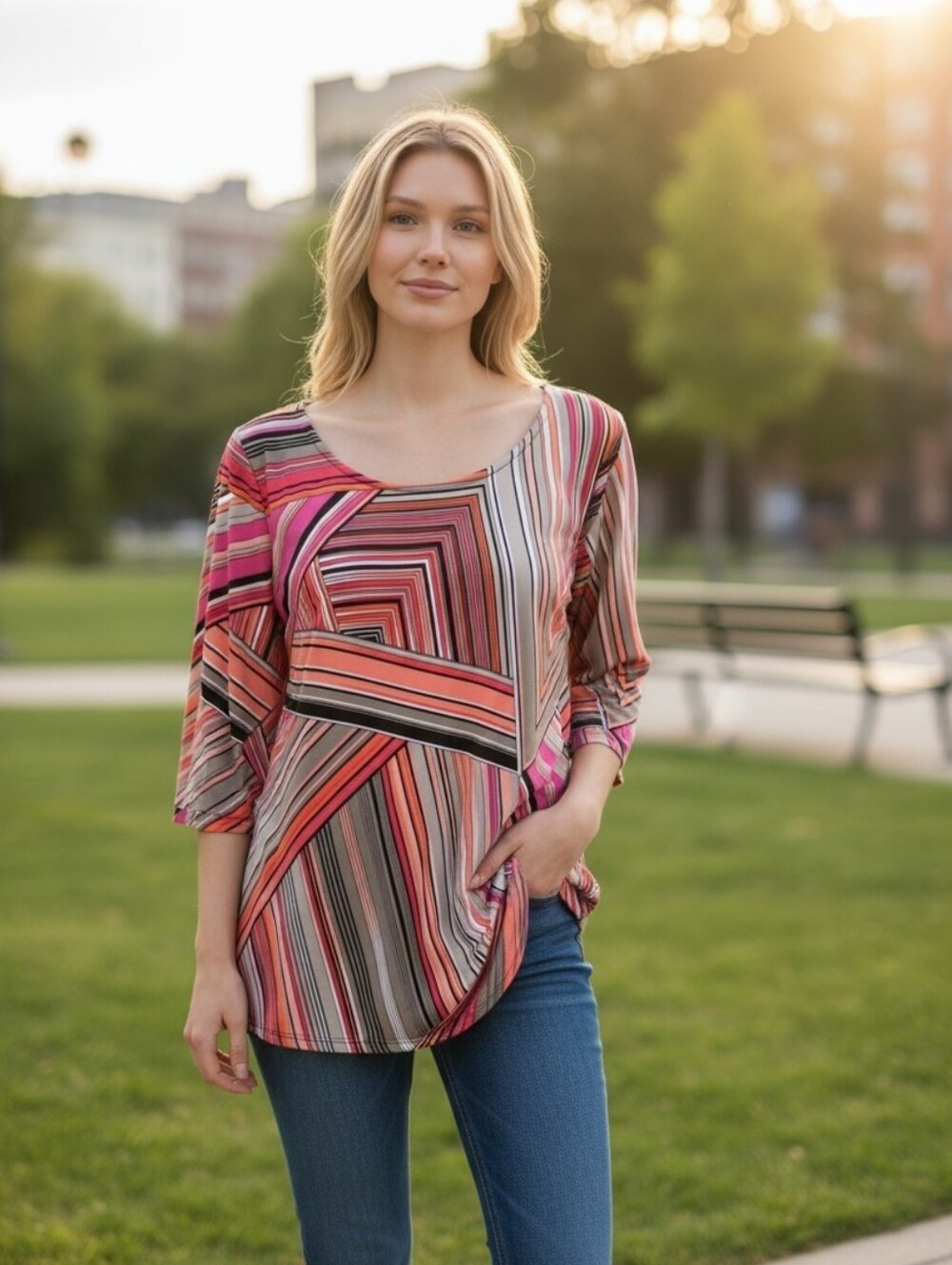 Tribal Striped Geometric Multi-Color Scoop Neck Top SZ L